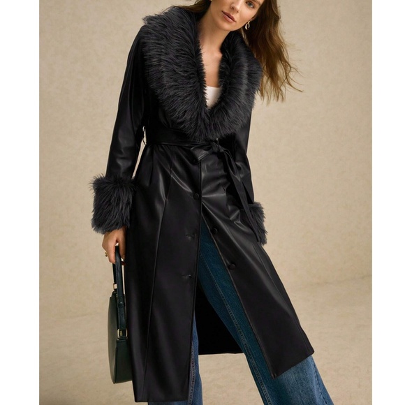 Luxe Vegan Fur Leather Pockets Button Down Jacket Coat - Picture 6 of 6